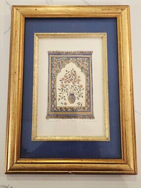 VTG Mughal Tree Miniature Painting Wall Art Gold Frame Blossom Rug 28/250 Signed